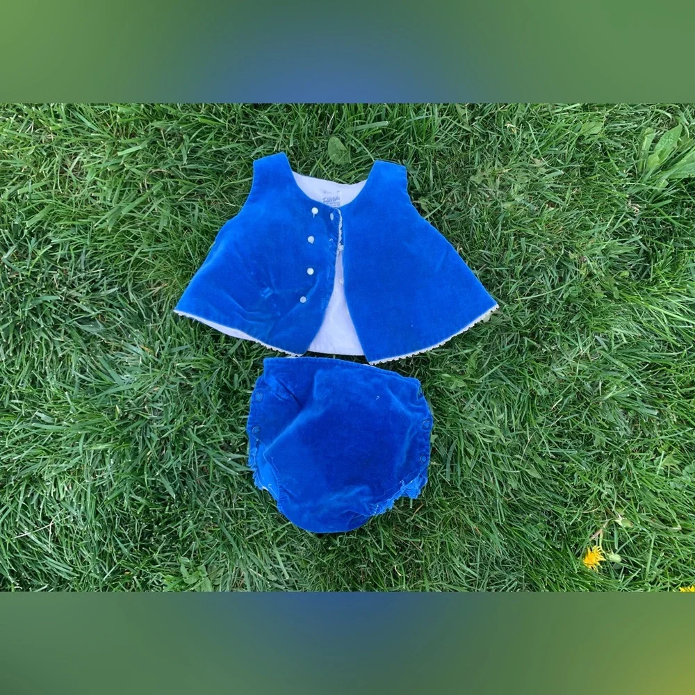 Vintage Toddle Tyke 2 Piece Blue Velvet Baby Outfit 6 Months Nostalgia Infant
